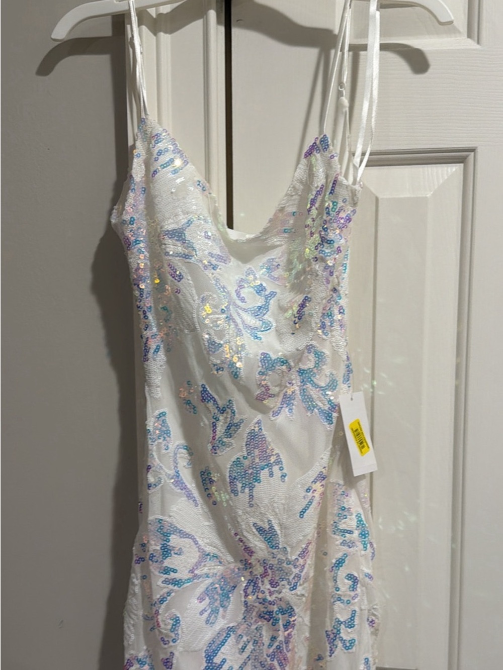 B Darlin White Slip Dress with Iridescent Blue and Purple Sequins